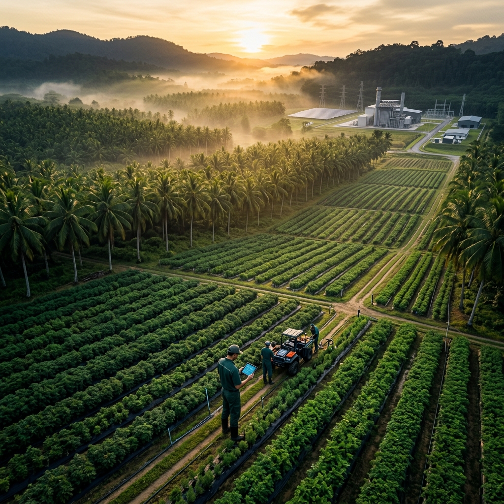 Lush medicinal plant and coconut plantations
